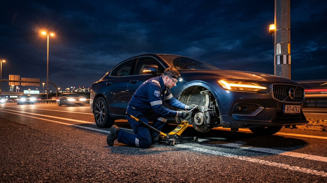 Torbalı gece vakti lastik patlamasında emniyet şeridi ve acil yol yardım aracı