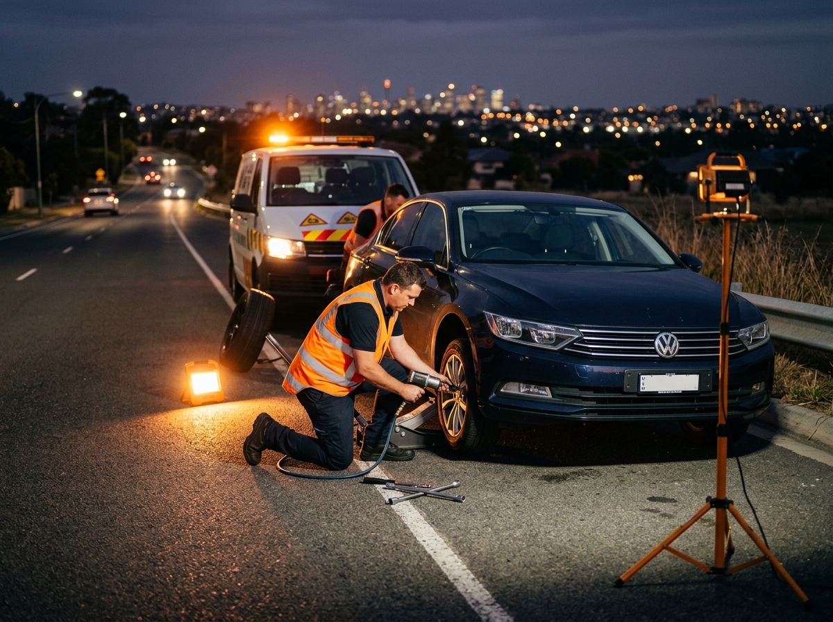 Torbalı'da gece yol kenarında profesyonel mobil lastik servis ekibi lastik değişimi yapıyor